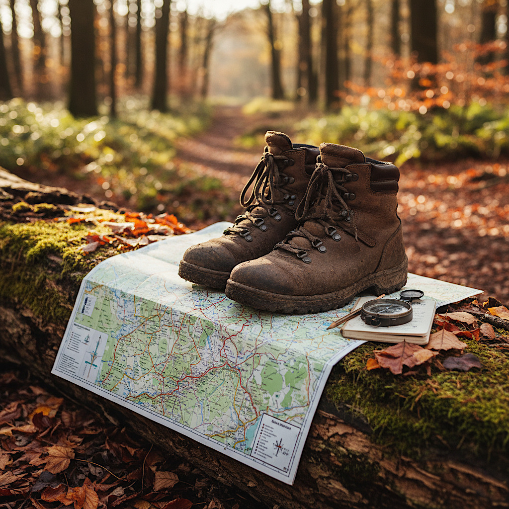 Hiking boots on a map with a compass atop a mossy log in an autumn forest