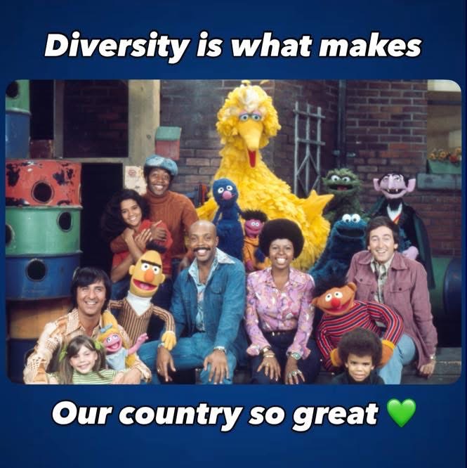 Group portrait of people and puppet characters on a stoop with caption text