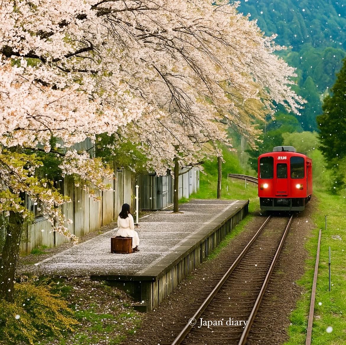 Red train arriving at a rural platform beneath blooming cherry blossom trees with a lone seated person