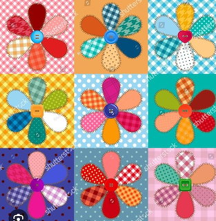Nine decorative patchwork flowers in a grid, each with multicolored fabric petals on gingham backgrounds
