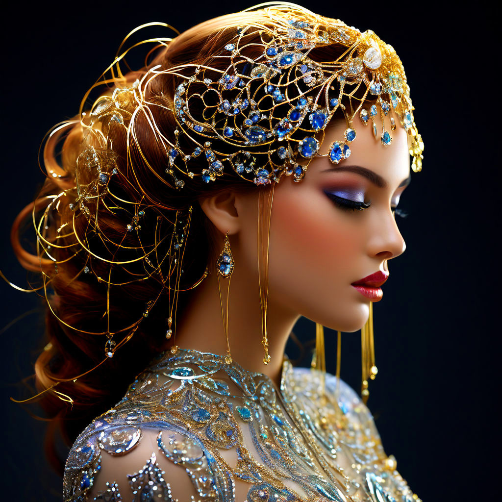Woman in profile wearing intricate gold and blue jeweled headpiece and ornate dress on black background