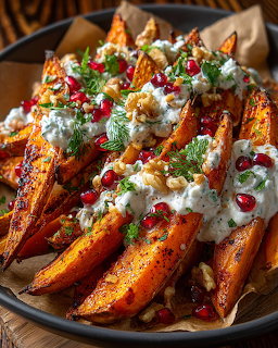 Roasted sweet potato wedges with yogurt drizzle, pomegranate seeds, walnuts and herbs on a plate