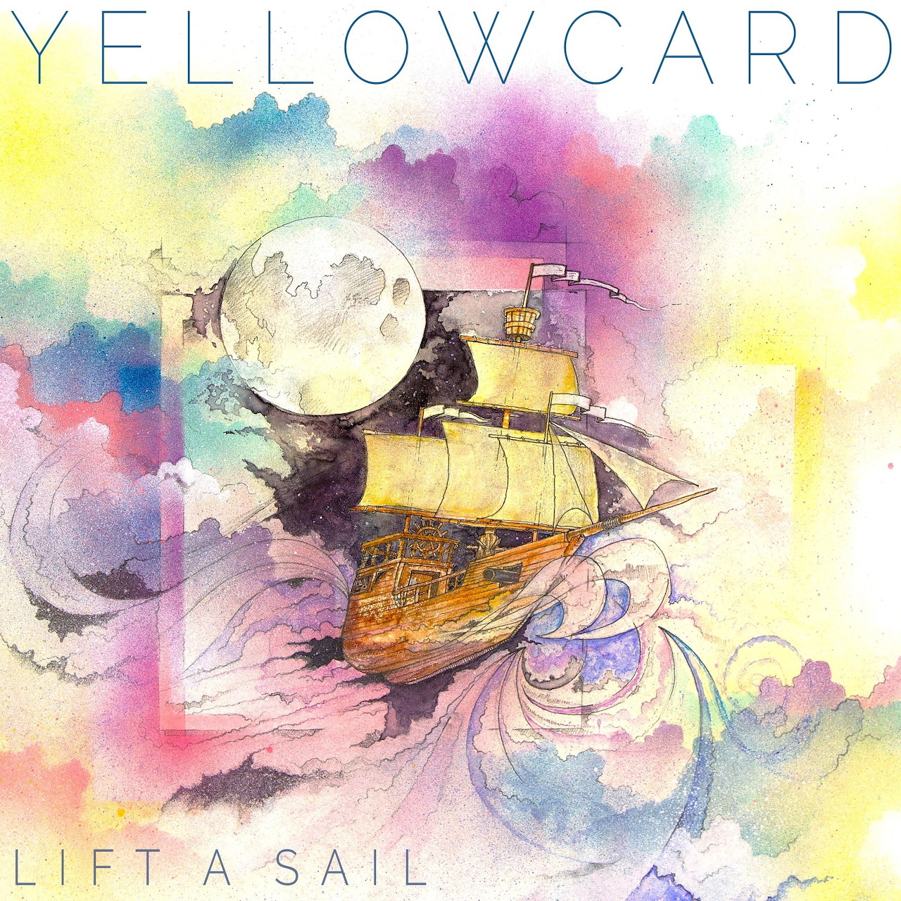 Watercolor painting of a sailing ship on colorful clouds with a large moon and hummingbird, Yellowcard album art