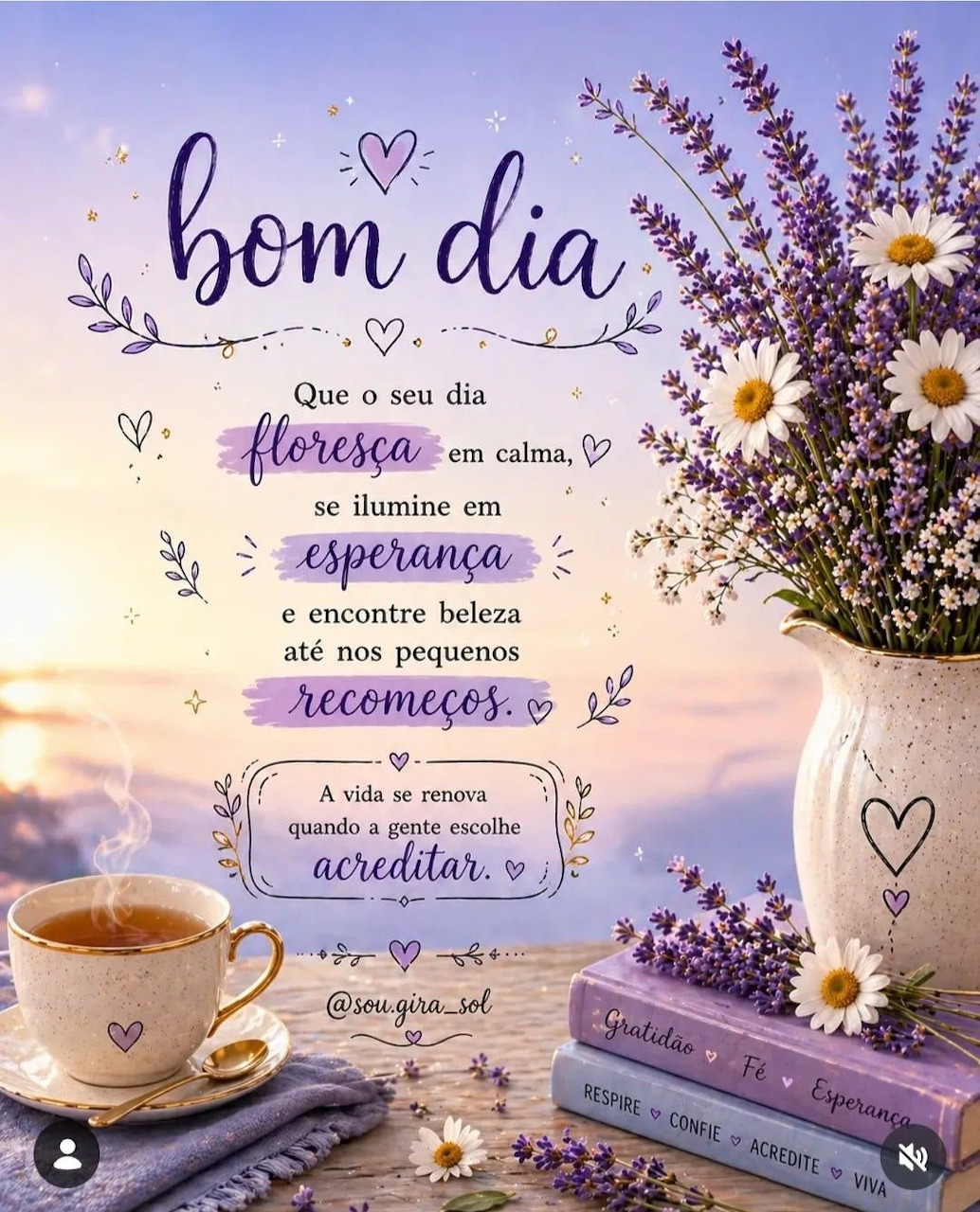 Bom Dia greeting card with lavender bouquet, daisies, tea cup, stacked books and Portuguese inspirational text