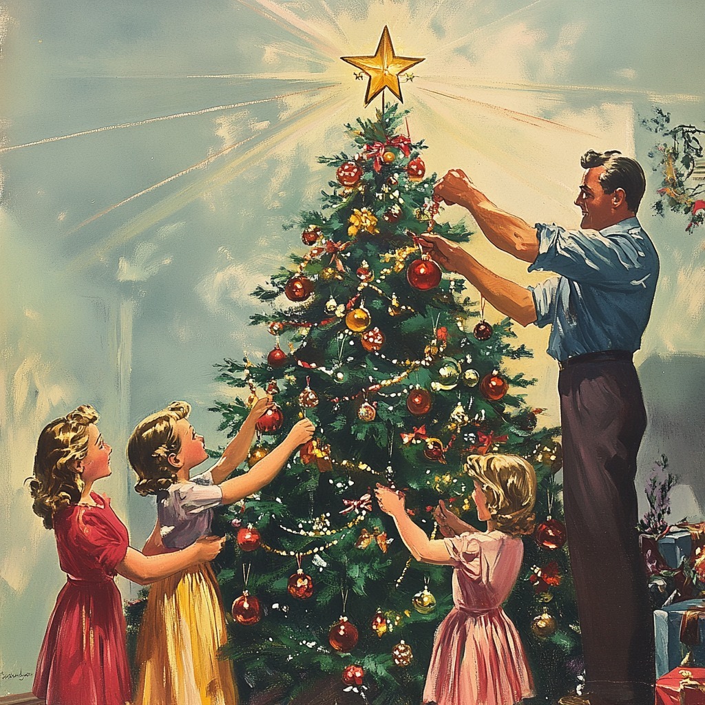 Father and children decorating Christmas tree with star on top in vintage style home