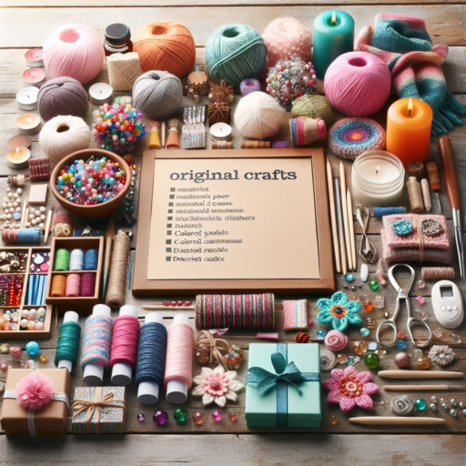 Flat lay of colorful craft supplies around a notebook with yarn, thread, beads, tools, and wrapped gifts