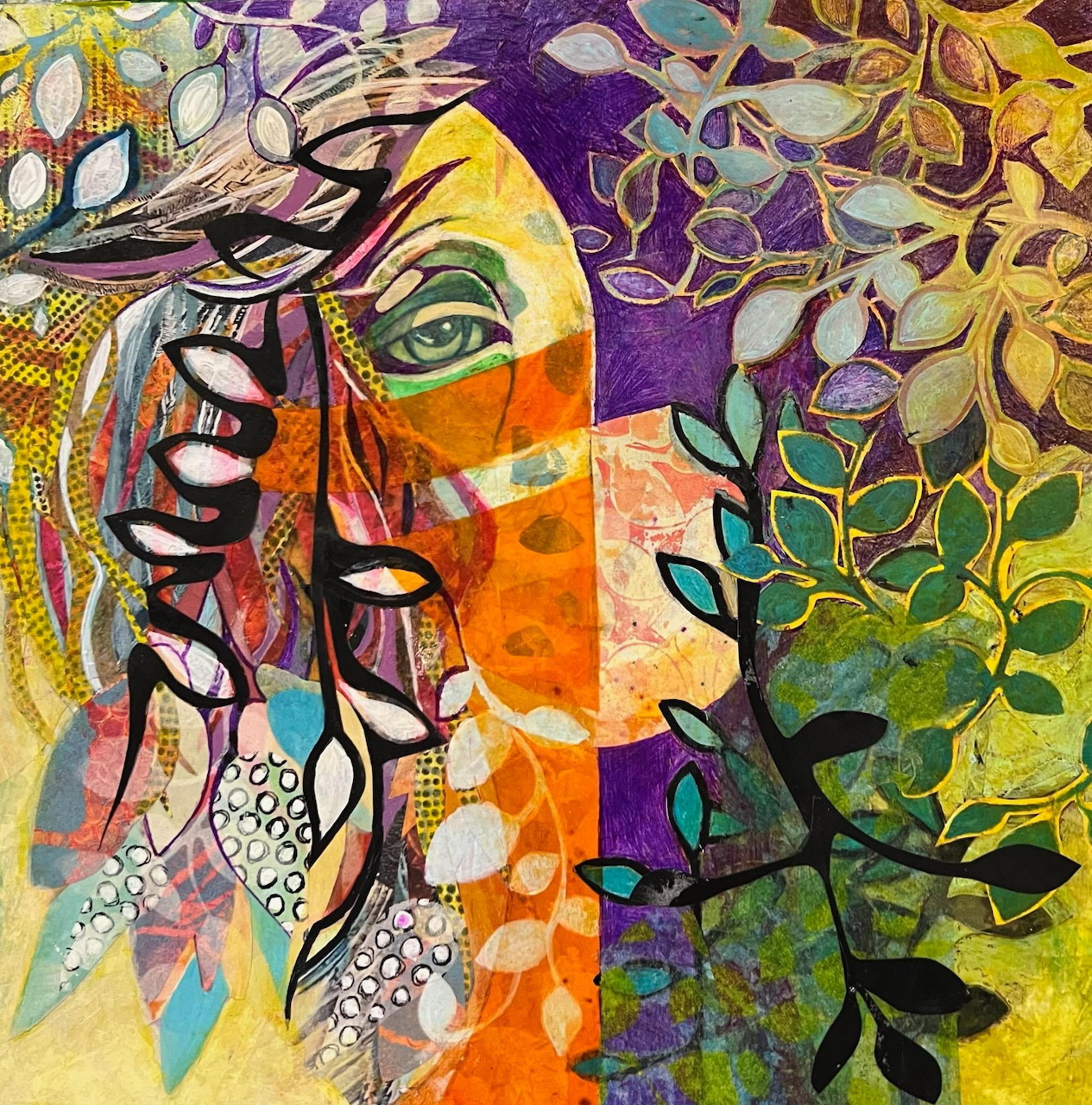 Abstract colorful portrait of woman's profile with geometric patterns and floral designs