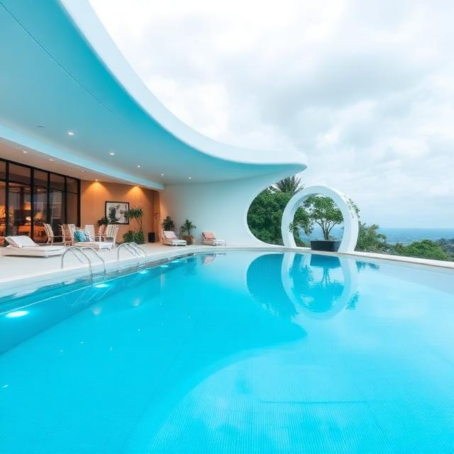 Futuristic infinity pool with curved ceiling, white arch sculpture, and ocean view under stormy sky