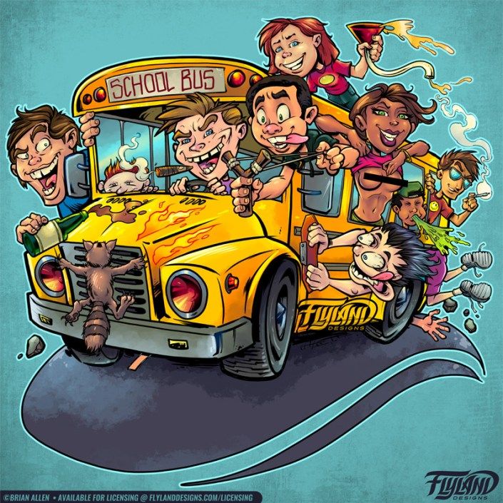 Cartoon illustration of happy children on a yellow school bus with turquoise background