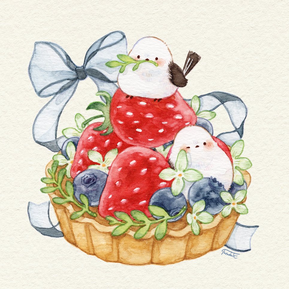 Watercolor fruit tart with strawberries, blueberries, flowers, blue ribbons, and two small white birds