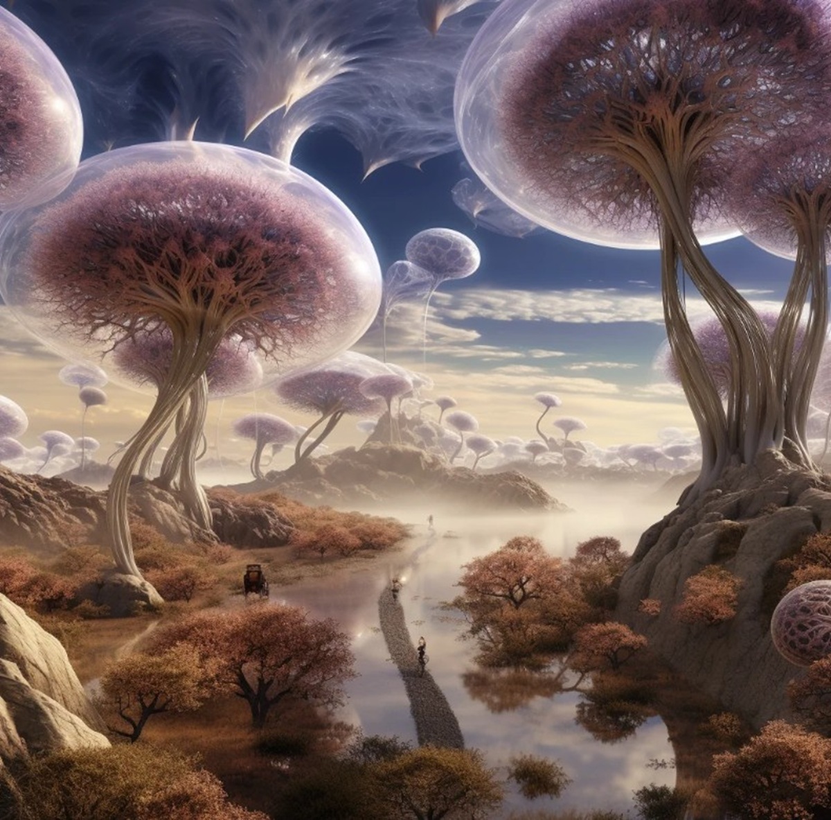 Fantasy alien world with enormous mushroom trees, multiple planets in sky, and mystical landscape with stream