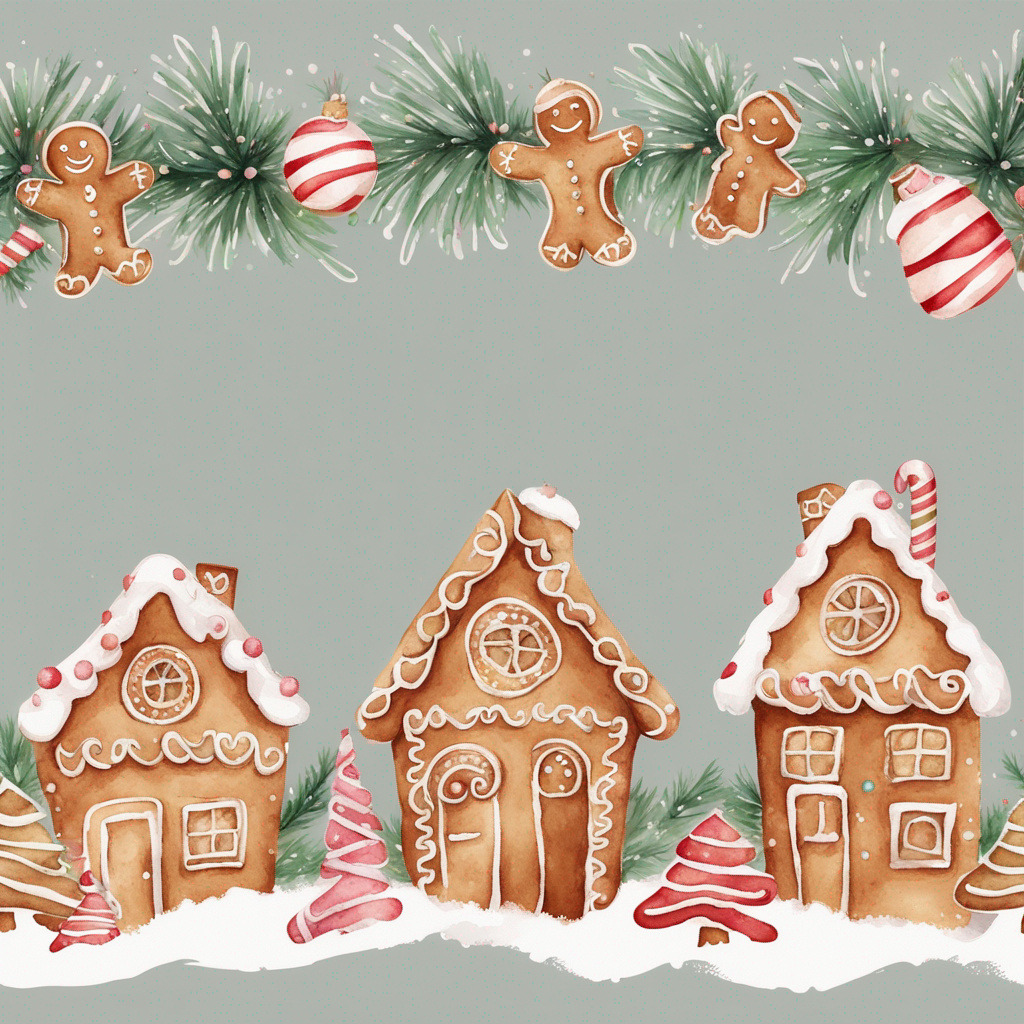 Three decorated gingerbread houses with cookies, candy canes, and pine garland in a Christmas winter scene