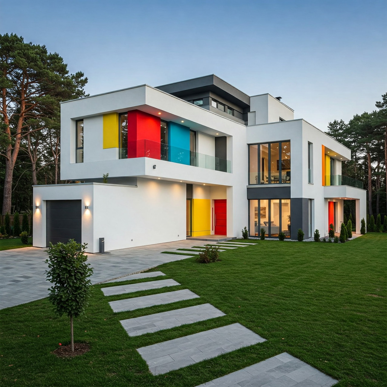 Modern white two-story house with colorful panels, large windows, and a green lawn