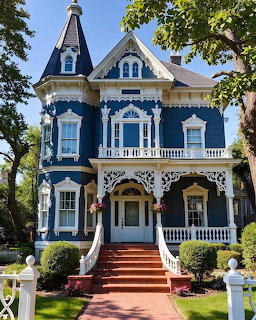 Blue Victorian mansion with white trim, turrets, wraparound porch, and red brick entrance stairs