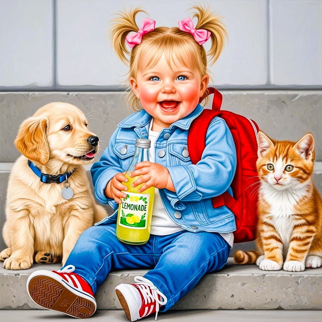 Smiling toddler with pigtails sitting between a golden puppy and orange kitten, holding juice box