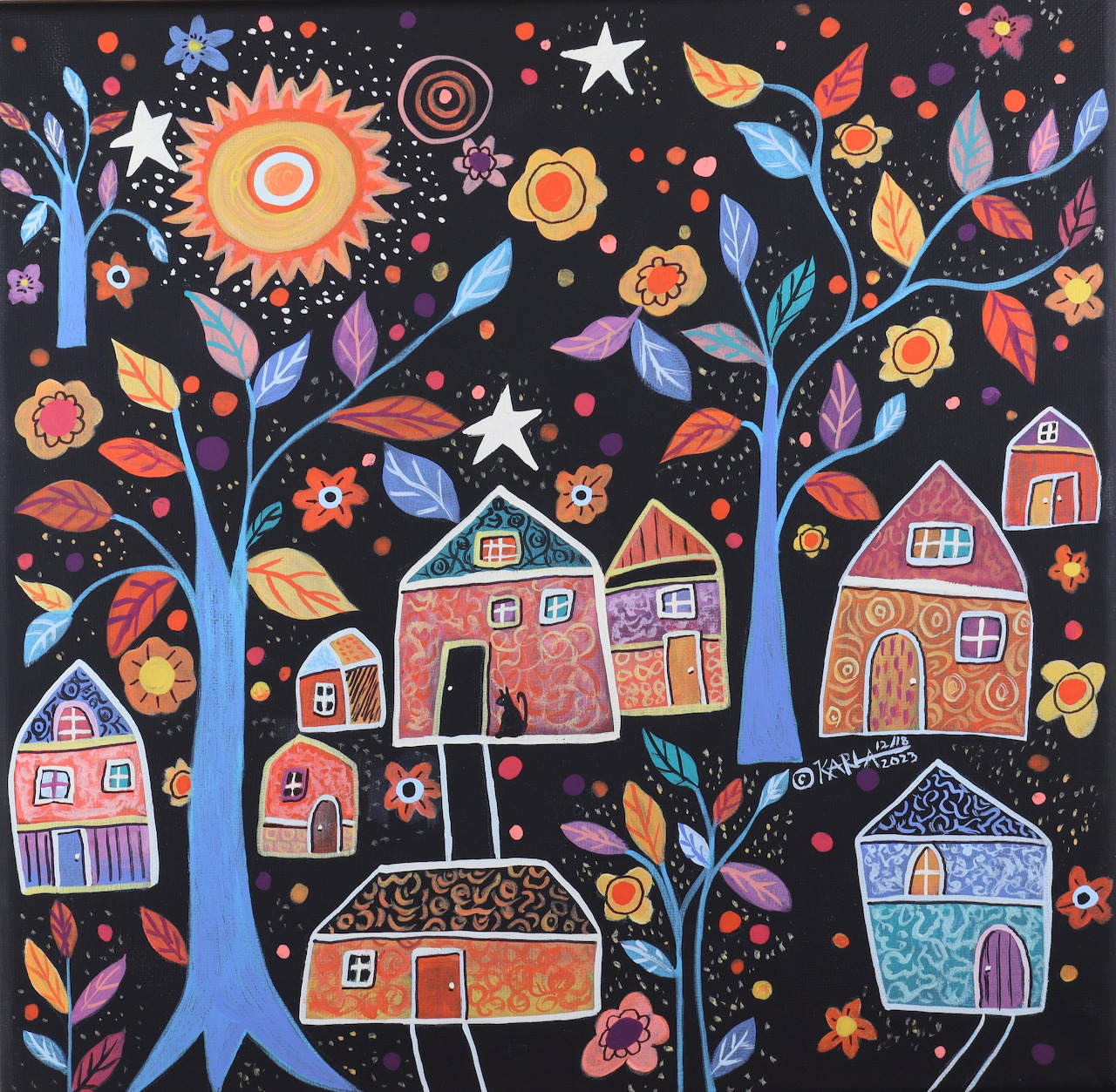 Folk art village with patterned houses, trees, flowers, sun and stars on black background