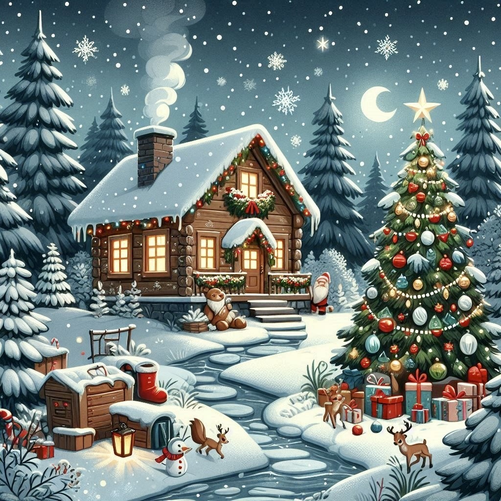 Snow-covered cabin with lit Christmas tree, presents, and reindeer in winter night scene with snowflakes