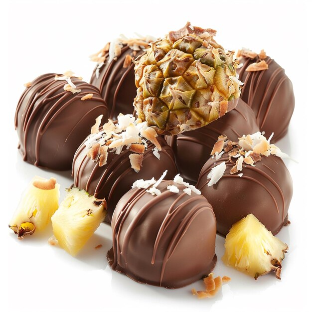 Chocolate truffles topped with pineapple pieces and coconut flakes on a white background