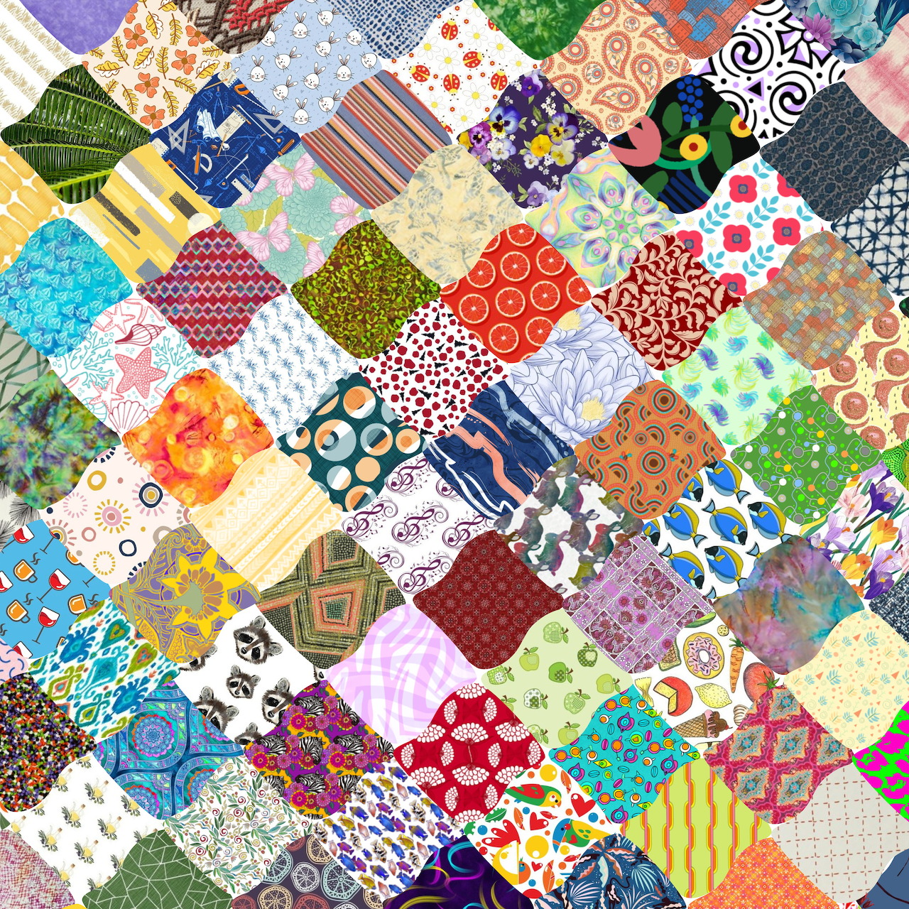 Colorful patchwork quilt with diamond fabric squares in various patterns and colors