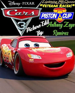 Lightning McQueen from Cars 3 on a race track with movie logos and stylized text above