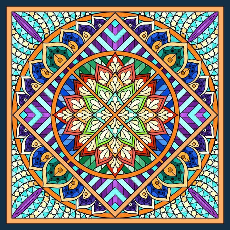 Colorful symmetrical mandala with geometric patterns and floral center in vibrant blues, oranges, and greens