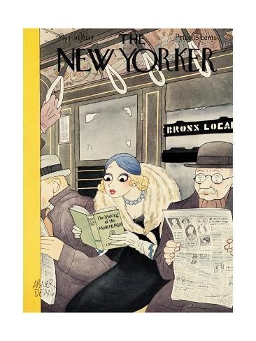 Person reading newspaper under newsstand on city street, vintage New Yorker magazine cover illustration