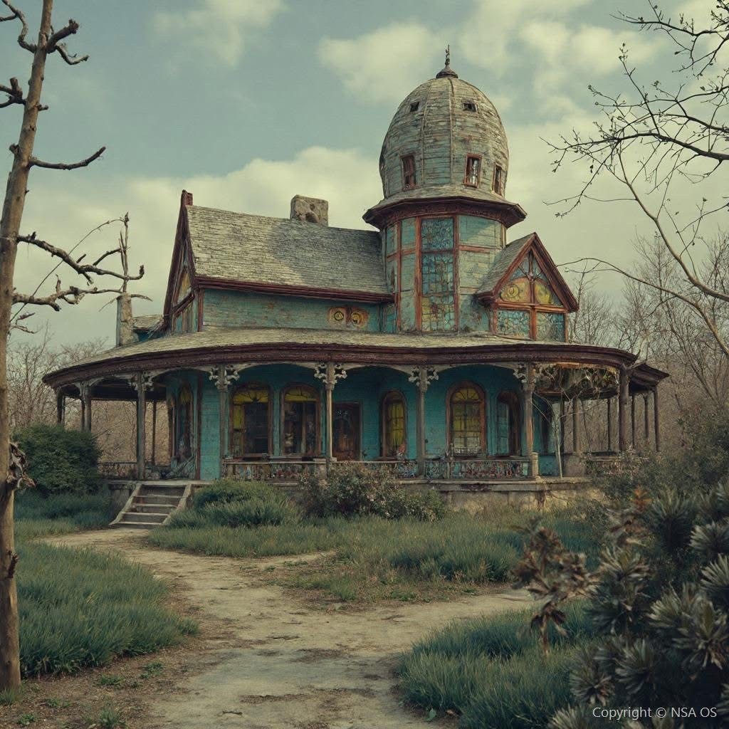 Weathered blue Victorian house with a turret, porch, and dirt path under a cloudy sky