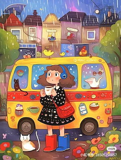 Illustration of girl in polka dot dress standing before yellow bus on rainy street with row houses behind