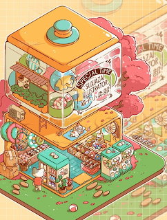 Isometric illustration of a whimsical miniature tower with tiny shops, signs, and small figures