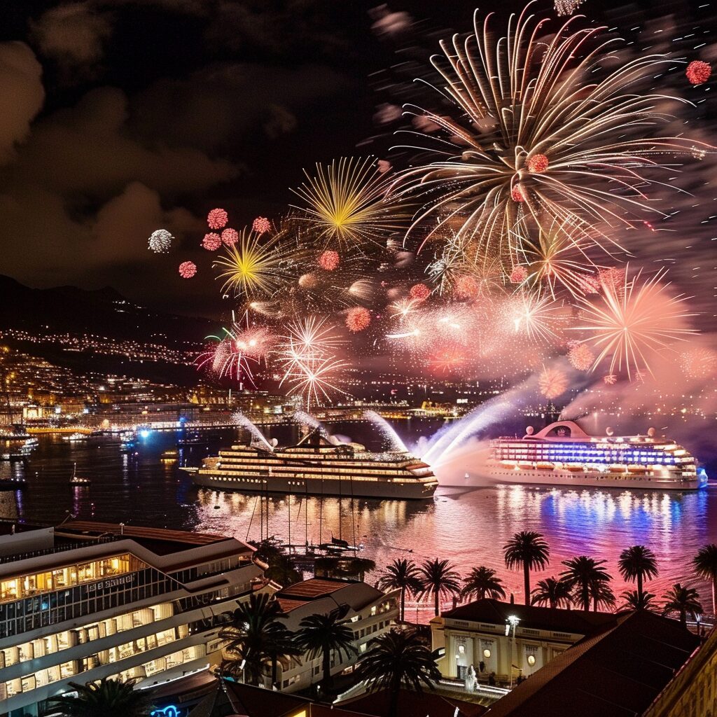 Fireworks over cruise ships and a waterfront city harbor at night
