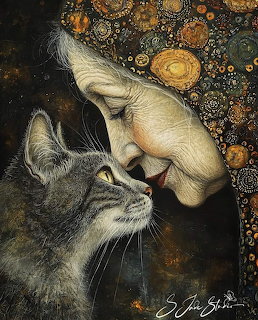 Illustration of an old woman pressing her nose against a gray tabby cat with decorative golden swirls