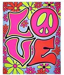 Colorful illustrated LOVE text with pink, red, and yellow flowers in a psychedelic pattern
