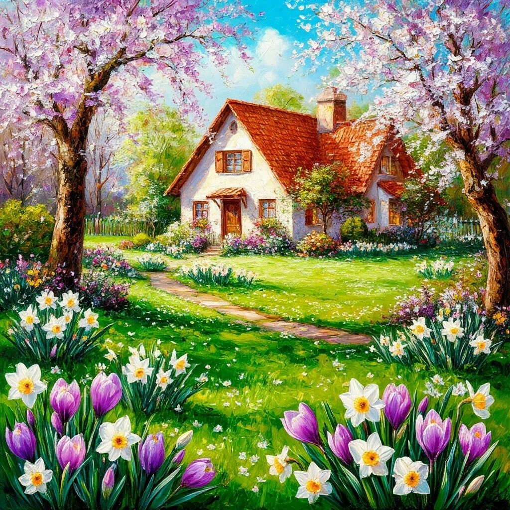 Picturesque cottage with blooming spring flowers and pink cherry blossom trees in sunny garden setting