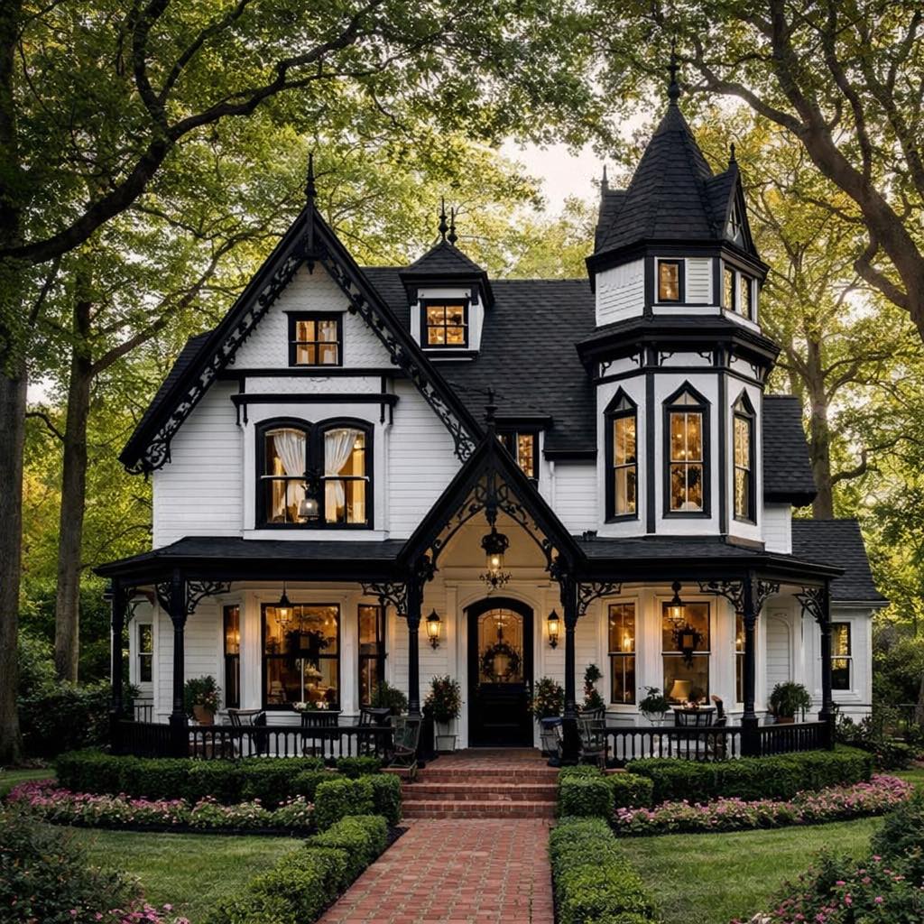 White Victorian mansion with black roof and turret surrounded by trees