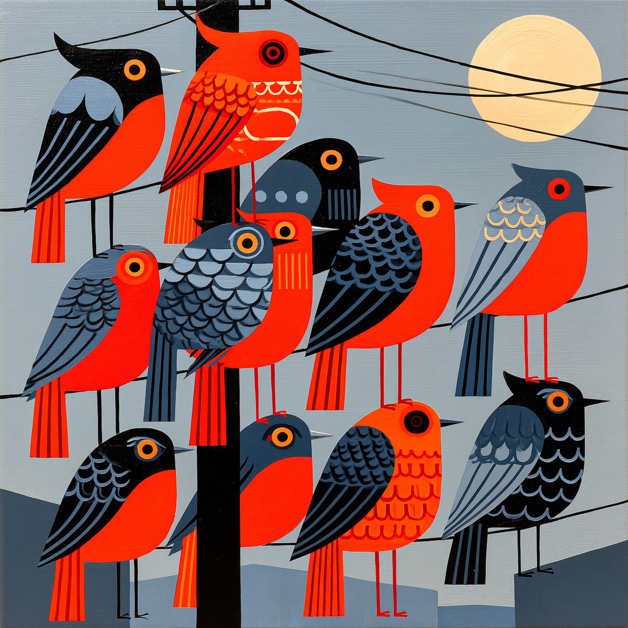 Stylized colorful birds perched on utility wires with a full moon in the sky