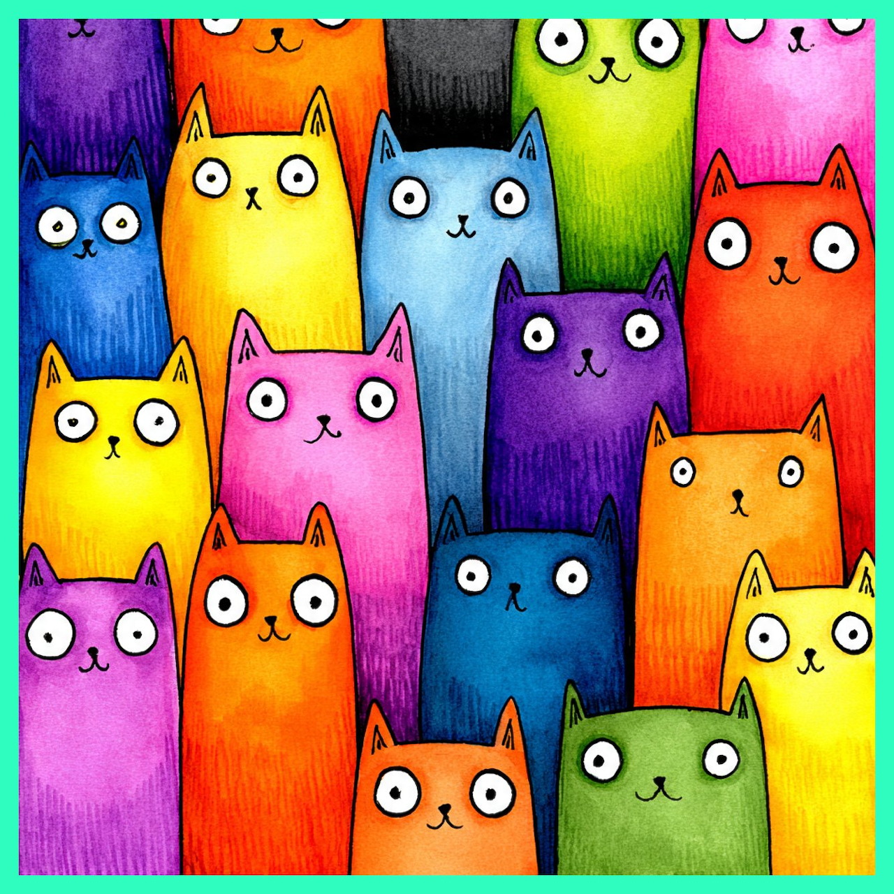 Colorful cartoon cats with simple faces in rainbow colors arranged together