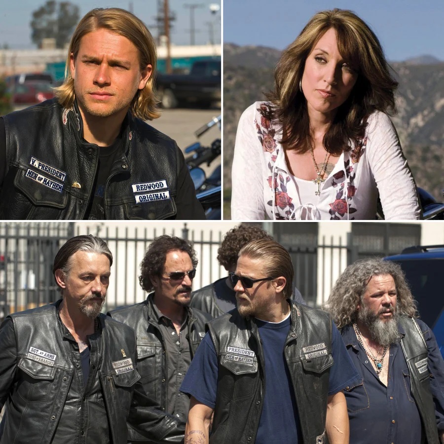 Photo collage of several Sons of Anarchy cast members in portrait shots and a group scene