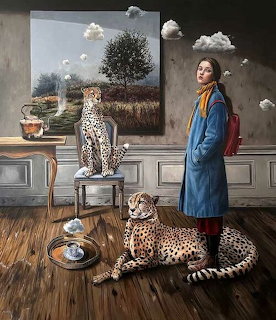 Surreal painting of woman standing beside two cheetahs in ornate room with clouds and landscape artwork
