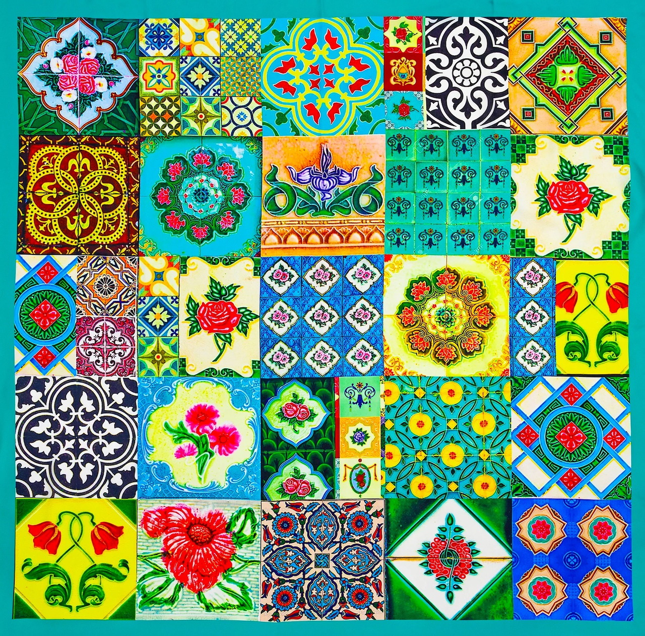 Grid of colorful Peranakan tiles with floral and geometric patterns in vibrant blues, yellows, pinks, and greens