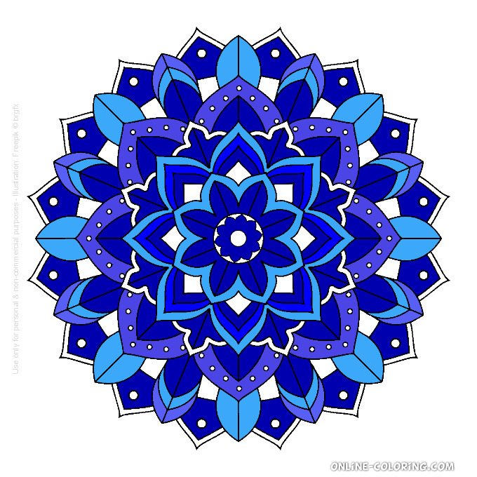 Ornate blue mandala with concentric geometric flower petals and white dots on light background