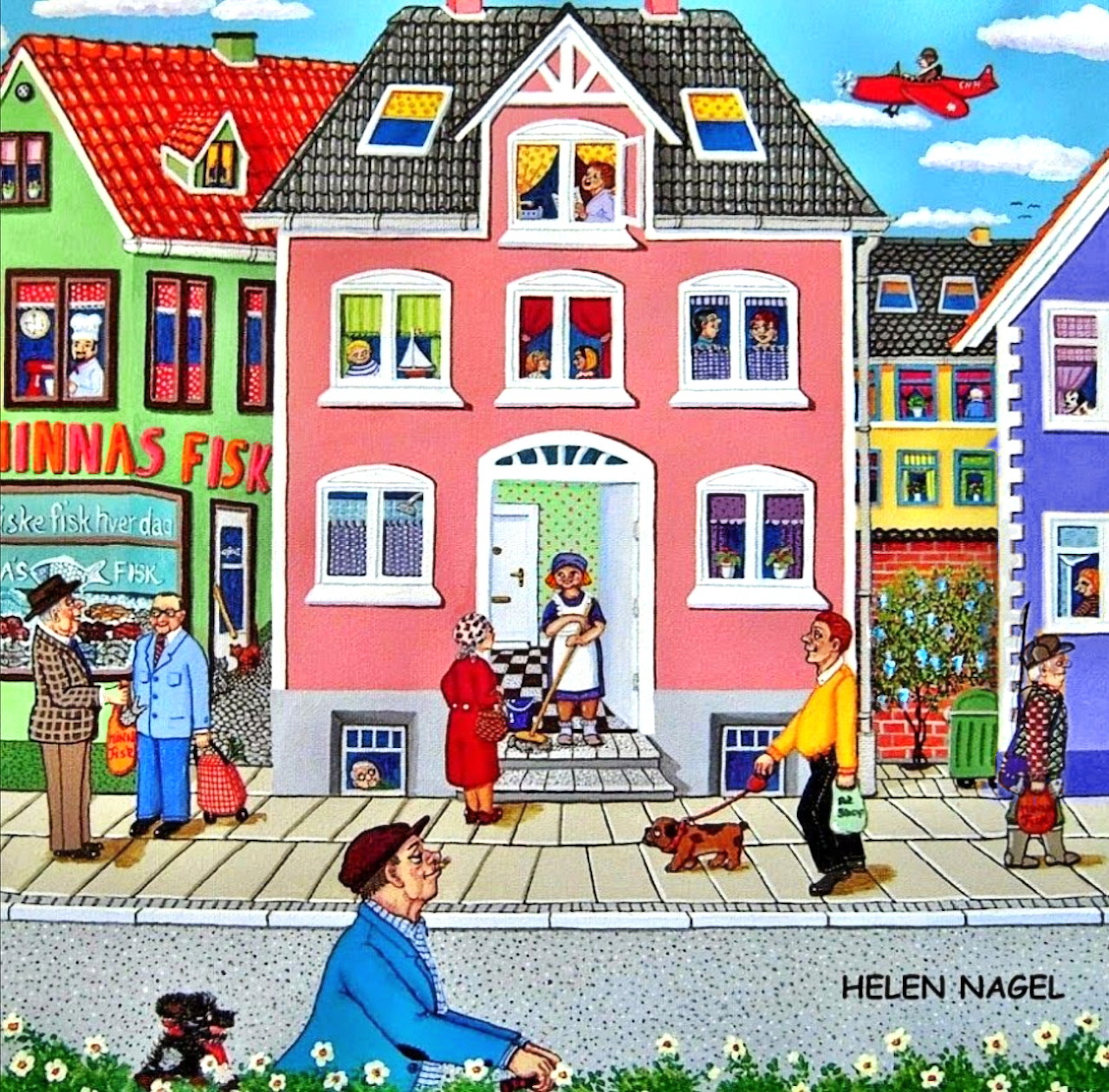 Naive art painting of a colorful village street with pink houses, people walking, and a red plane in the sky