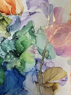 Abstract watercolor with flowing pastel floral shapes in blues, greens, pinks, and oranges