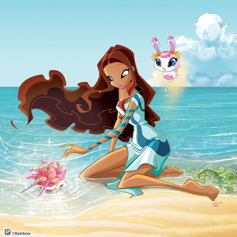 Cartoon girl kneeling on a sunny beach by the water with a pink shell and a small flying pet