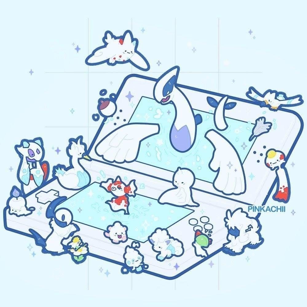 White dragon Pokemon with smaller Pokemon companions in a terrarium setting