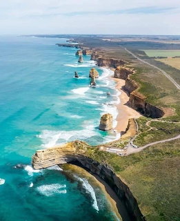Aerial photo of the Twelve Apostles rock formations along Australia's Great Ocean Road coastline