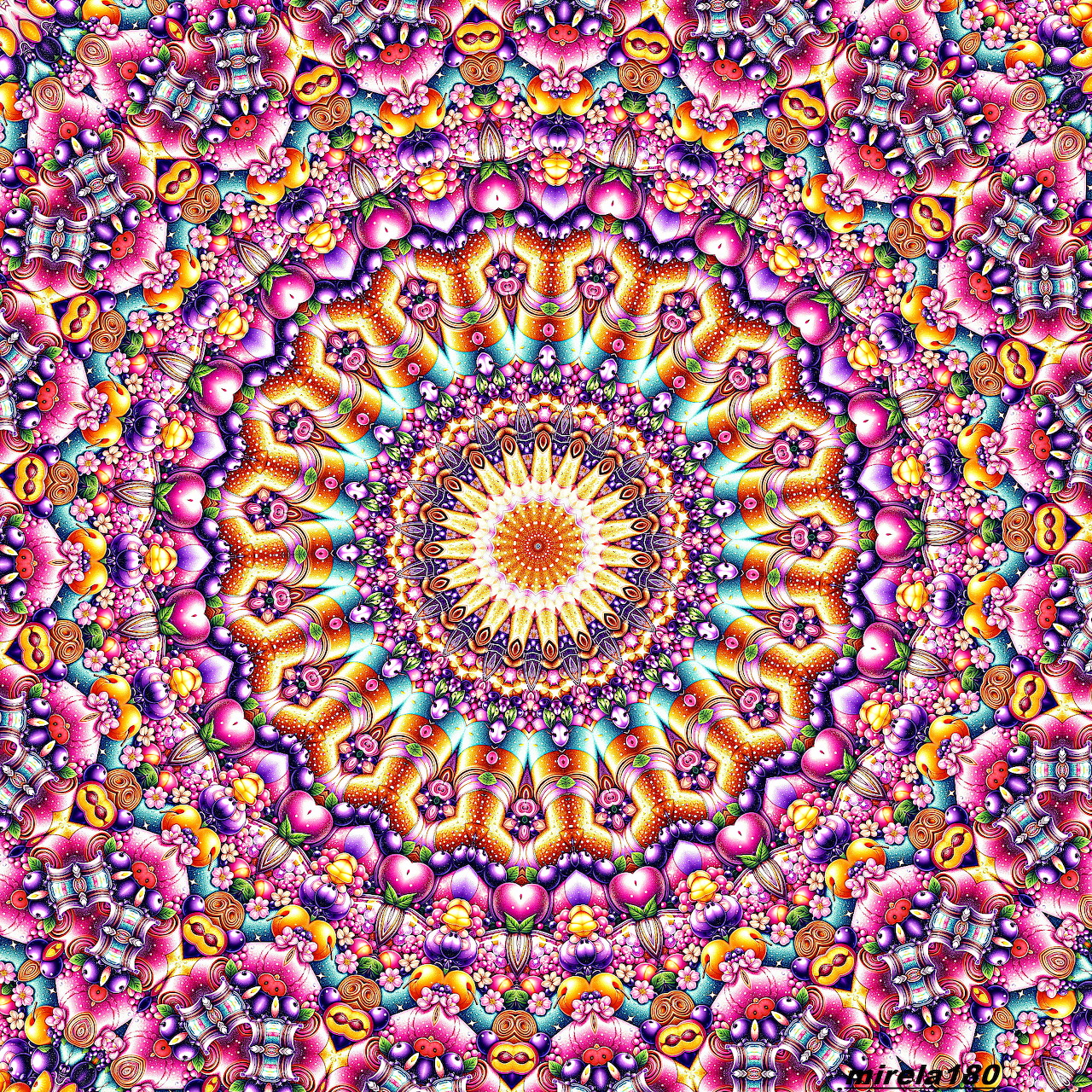 Colorful mandala with intricate radial symmetry in pink, purple, orange and yellow geometric patterns