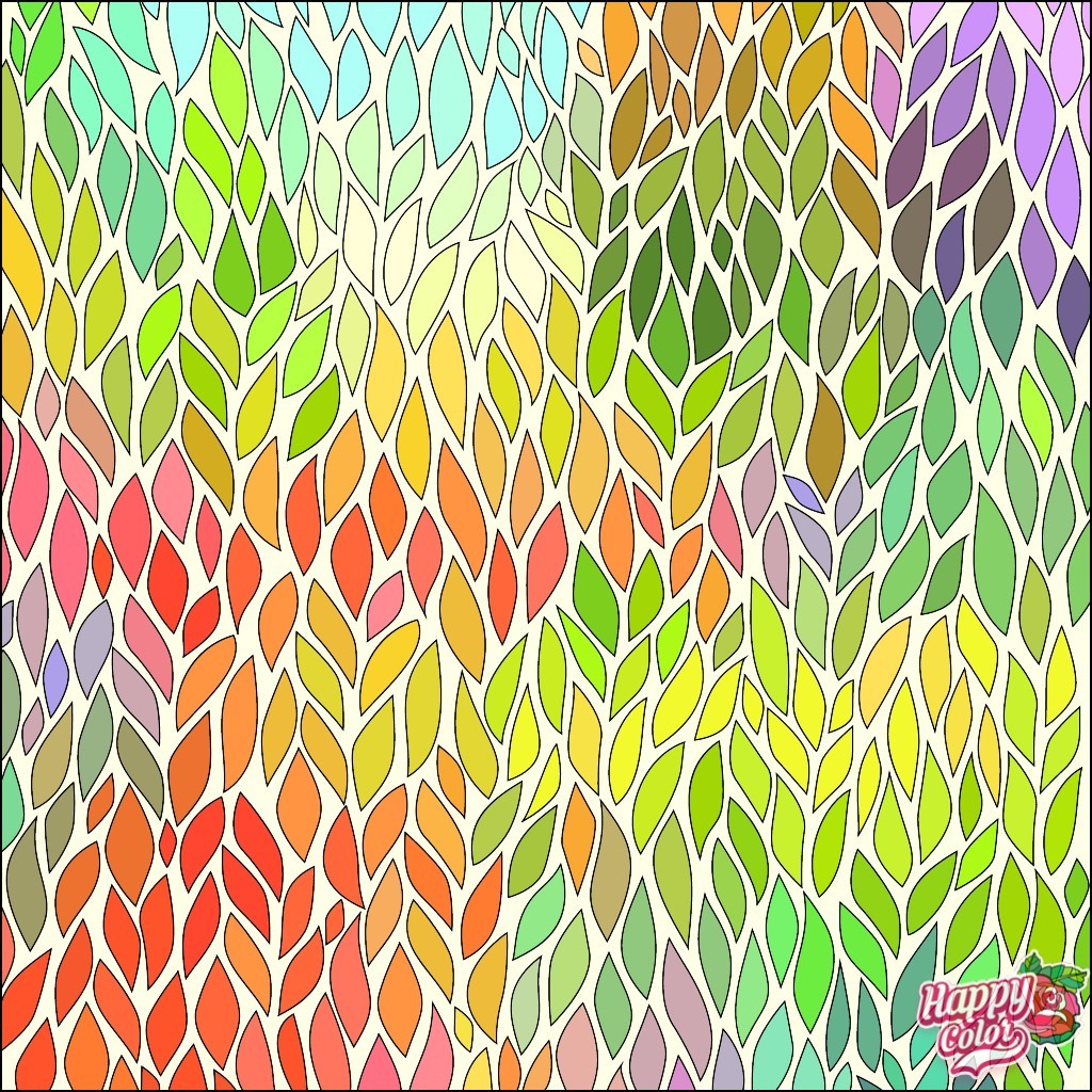 Colorful watercolor pattern with overlapping leaf shapes in rainbow gradient colors