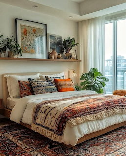 Cozy boho bedroom with wooden bed, patterned blankets, plants, shelf decor, and a tall window
