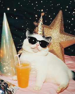 White cat in sunglasses sitting at birthday party with cone hat, gold star decoration, and orange drink