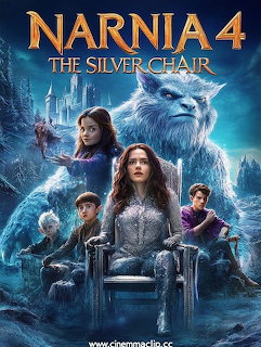 Fantasy poster with a seated young woman, three other characters, a lion, and icy blue mountains
